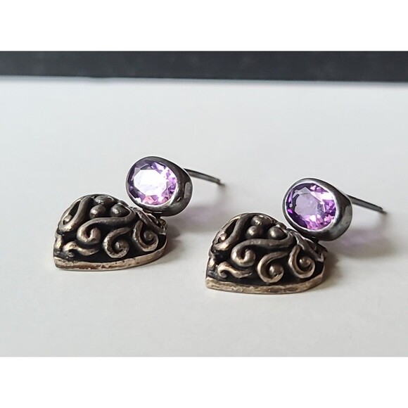925 Sterling Silver Amethyst Dangling Heart Shaped Earrings Vintage READ - Picture 3 of 10